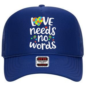 Love Needs No Words Autism Awareness Women High Crown Mesh Back Trucker Hat