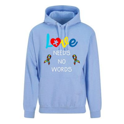 Love Needs No Words Autism Awareness Cool Gift Autism Mom Gift Unisex Surf Hoodie