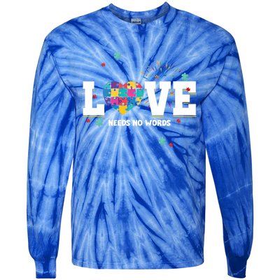 Love Needs No Words Heart Autism Awareness Puzzle Ribbon Funny Gift Tie-Dye Long Sleeve Shirt