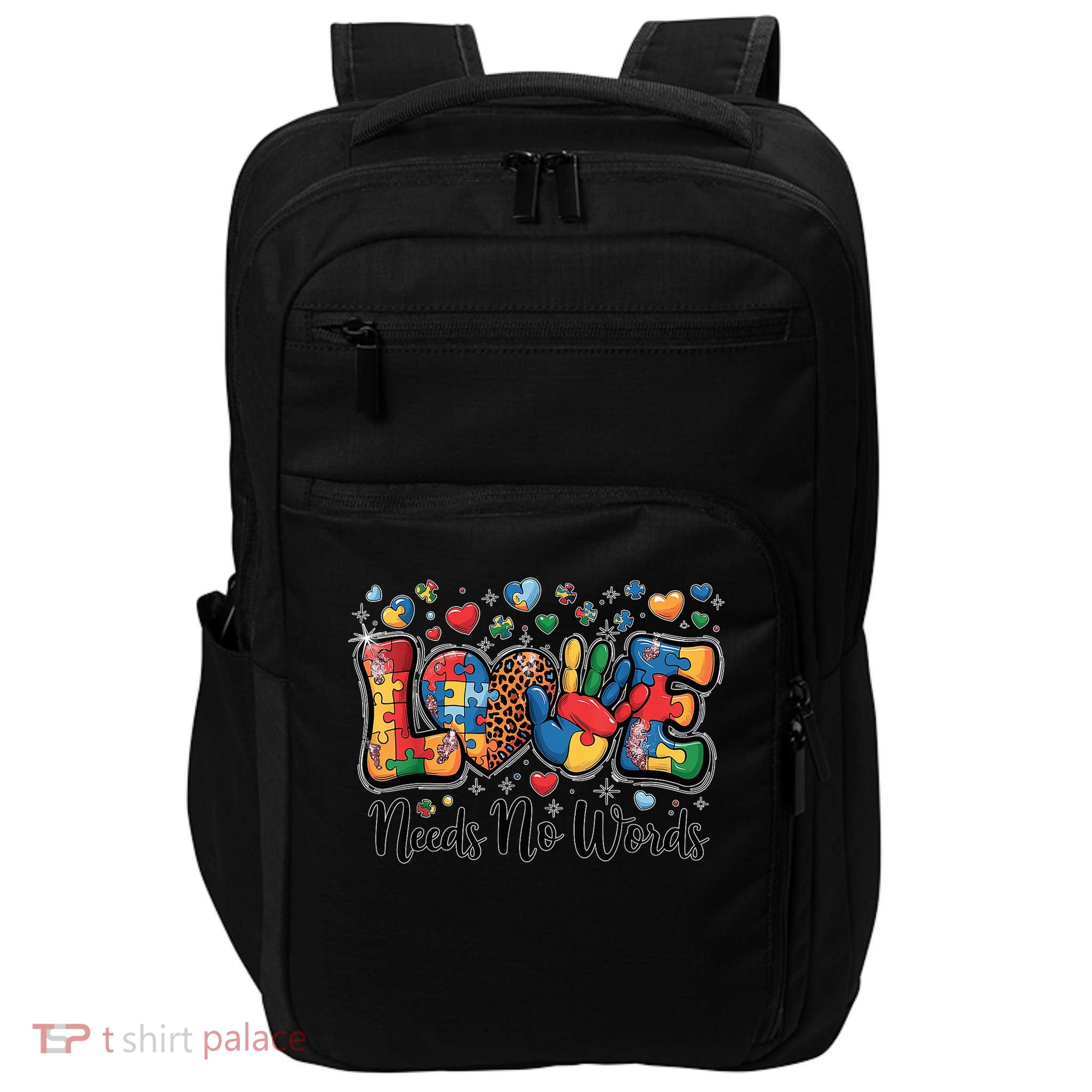 Love Needs No Words Autism Awareness Puzzle Hand Inclusion Impact Tech Backpack