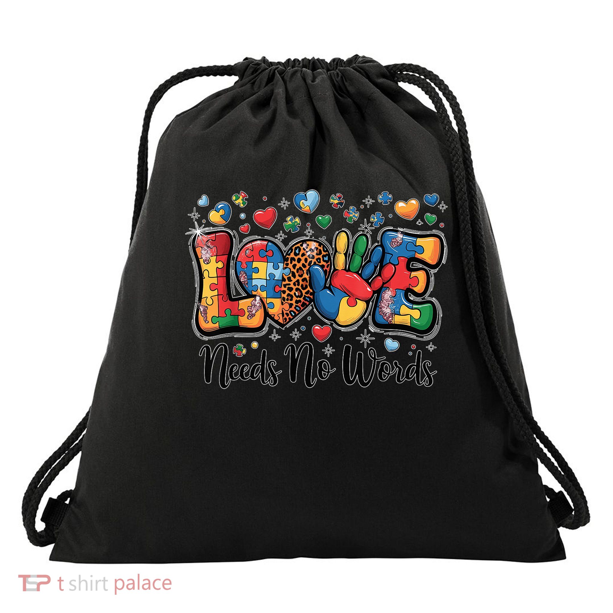Love Needs No Words Autism Awareness Puzzle Hand Inclusion Drawstring Bag