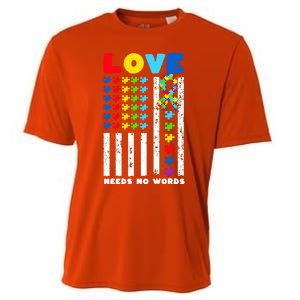 Love Needs No Words Us American Flag Autism Puzzle Autistic Gift Cooling Performance Crew T-Shirt