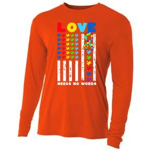 Love Needs No Words Us American Flag Autism Puzzle Autistic Gift Cooling Performance Long Sleeve Crew