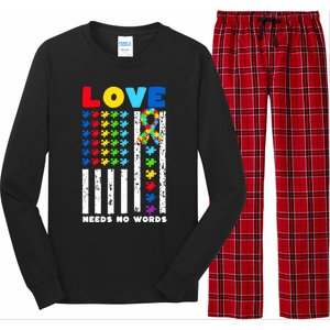 Love Needs No Words Us American Flag Autism Puzzle Autistic Gift Long Sleeve Pajama Set