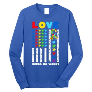 Love Needs No Words Us American Flag Autism Puzzle Autistic Gift Long Sleeve Shirt