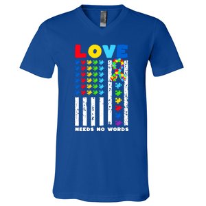 Love Needs No Words Us American Flag Autism Puzzle Autistic Gift V-Neck T-Shirt