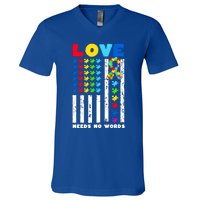 Love Needs No Words Us American Flag Autism Puzzle Autistic Gift V-Neck T-Shirt