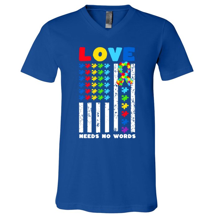 Love Needs No Words Us American Flag Autism Puzzle Autistic Gift V-Neck T-Shirt