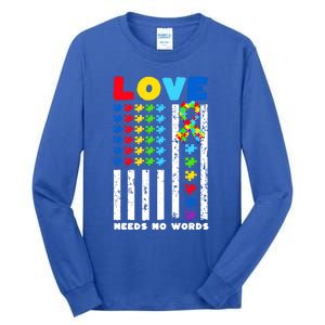 Love Needs No Words Us American Flag Autism Puzzle Autistic Gift Tall Long Sleeve T-Shirt