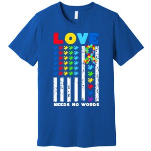 Love Needs No Words Us American Flag Autism Puzzle Autistic Gift Premium T-Shirt