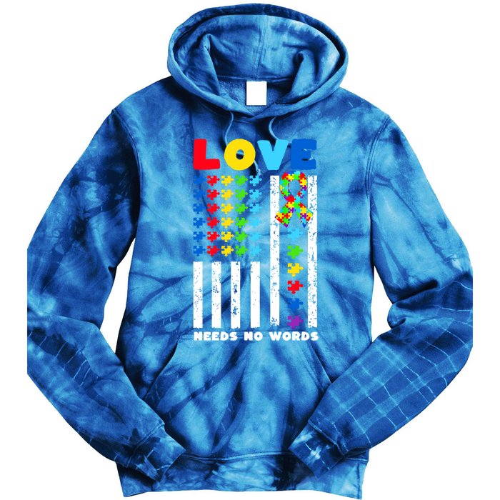 Love Needs No Words Us American Flag Autism Puzzle Autistic Gift Tie Dye Hoodie