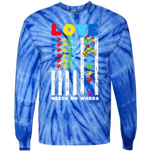 Love Needs No Words Us American Flag Autism Puzzle Autistic Gift Tie-Dye Long Sleeve Shirt