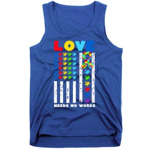 Love Needs No Words Us American Flag Autism Puzzle Autistic Gift Tank Top