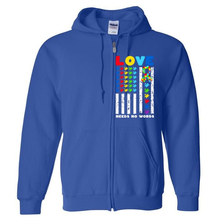 Love Needs No Words Us American Flag Autism Puzzle Autistic Gift Full Zip Hoodie