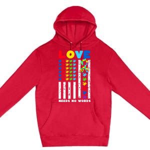 Love Needs No Words Us American Flag Autism Puzzle Autistic Gift Premium Pullover Hoodie