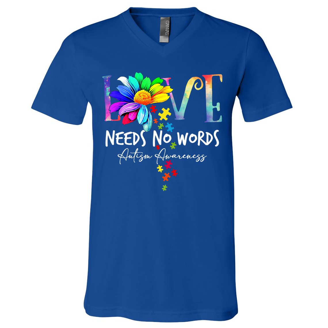 Love Needs No Words – Autism Awareness Puzzle Autism Symbol Cool Gift V-Neck T-Shirt