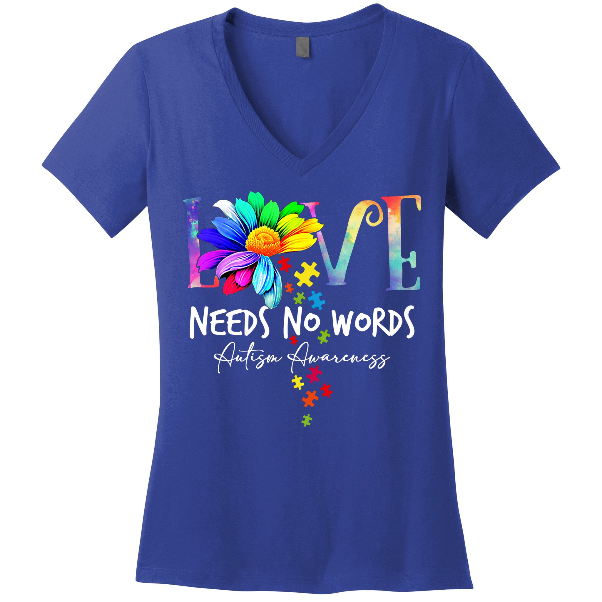 Love Needs No Words – Autism Awareness Puzzle Autism Symbol Cool Gift Women's V-Neck T-Shirt