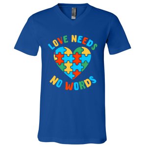 Love Needs No Words Proud Autism Puzzle Piece Heart Outfit Gift V-Neck T-Shirt