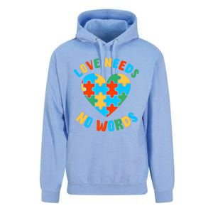 Love Needs No Words Proud Autism Puzzle Piece Heart Outfit Gift Unisex Surf Hoodie