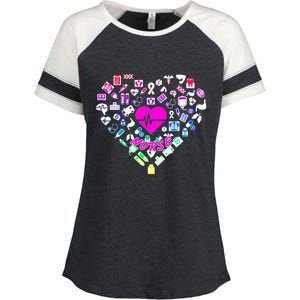 Love Nursing Rainbow Heart Collage Enza Ladies Jersey Colorblock Tee