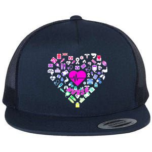 Love Nursing Rainbow Heart Collage Flat Bill Trucker Hat