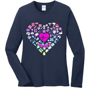 Love Nursing Rainbow Heart Collage Ladies Long Sleeve Shirt