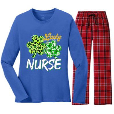 Lucky Nurse St Patricks Day Love Nurse Life Leopard Shamrock Gift Women's Long Sleeve Flannel Pajama Set 