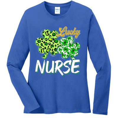 Lucky Nurse St Patricks Day Love Nurse Life Leopard Shamrock Gift Ladies Long Sleeve Shirt