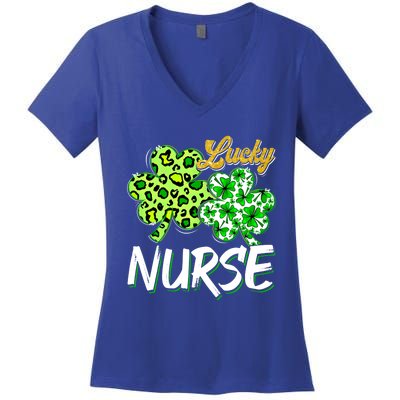 Lucky Nurse St Patricks Day Love Nurse Life Leopard Shamrock Gift Women's V-Neck T-Shirt