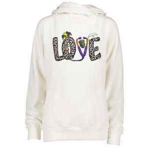 Love Nurse Stethoscope Leopard Fat Tuesday For Mardi Gras Gift Womens Funnel Neck Pullover Hood