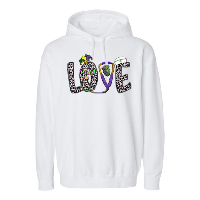 Love Nurse Stethoscope Leopard Fat Tuesday For Mardi Gras Gift Garment-Dyed Fleece Hoodie