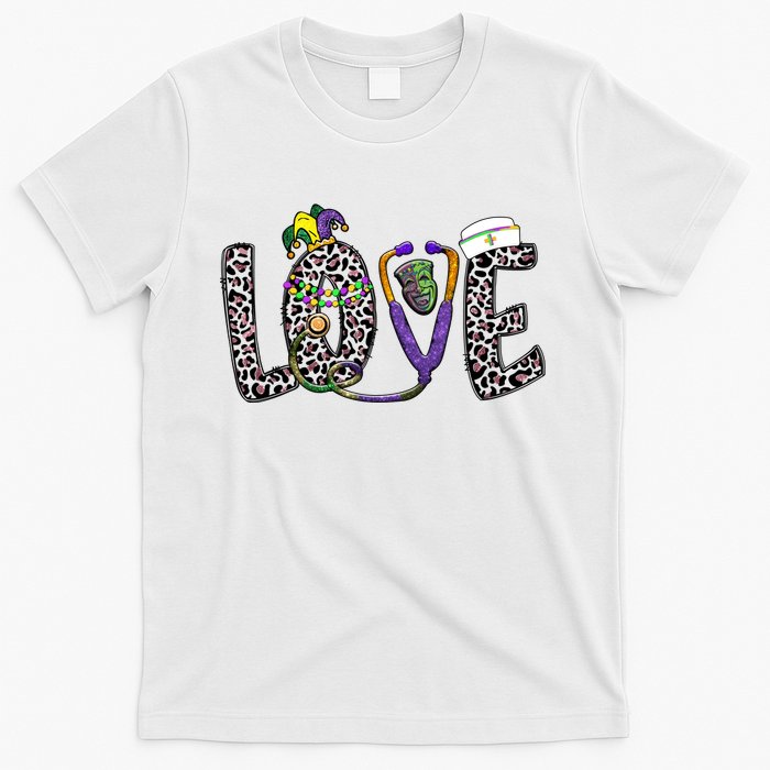 Love Nurse Stethoscope Leopard Fat Tuesday For Mardi Gras Gift T-Shirt