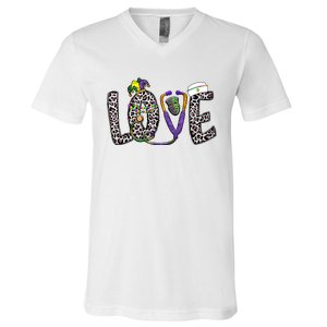 Love Nurse Stethoscope Leopard Fat Tuesday For Mardi Gras Gift V-Neck T-Shirt