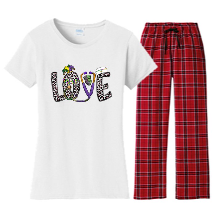 Love Nurse Stethoscope Leopard Fat Tuesday For Mardi Gras Gift Women's Flannel Pajama Set