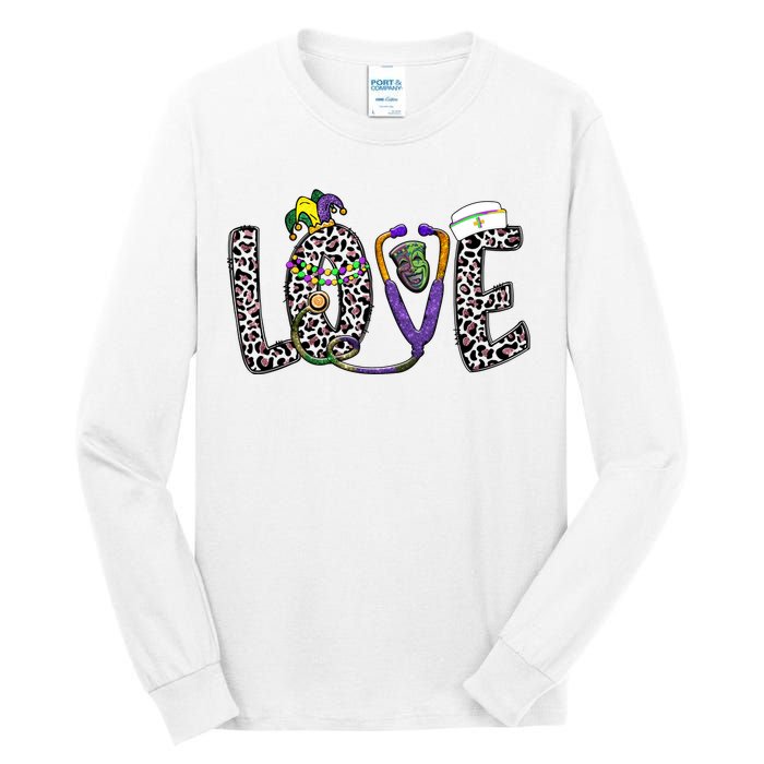 Love Nurse Stethoscope Leopard Fat Tuesday For Mardi Gras Gift Tall Long Sleeve T-Shirt