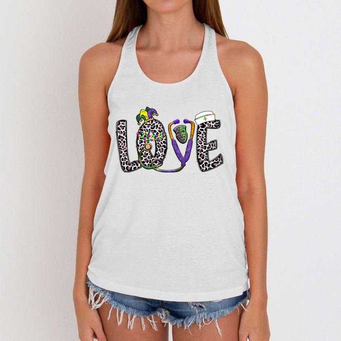 Love Nurse Stethoscope Leopard Fat Tuesday For Mardi Gras Gift Women's Knotted Racerback Tank