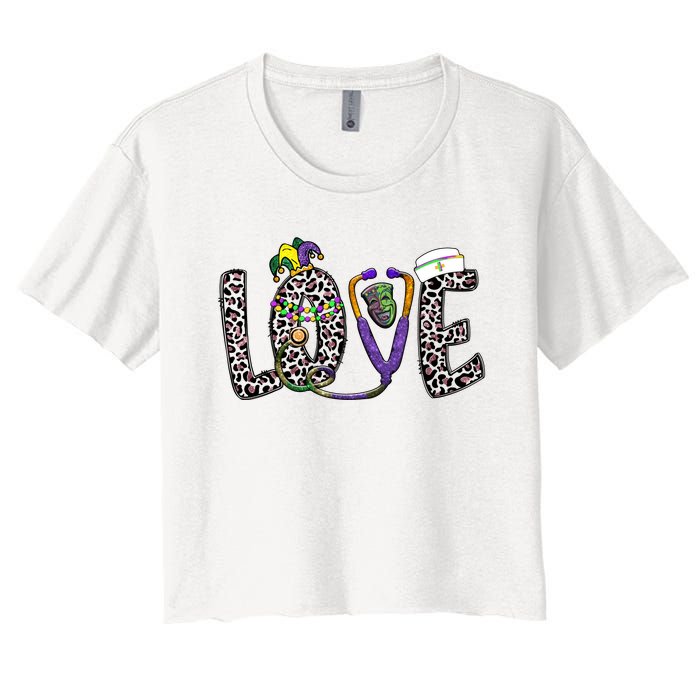 Love Nurse Stethoscope Leopard Fat Tuesday For Mardi Gras Gift Women's Crop Top Tee