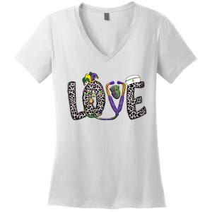 Love Nurse Stethoscope Leopard Fat Tuesday For Mardi Gras Gift Women's V-Neck T-Shirt