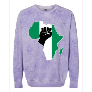 Love Nigeria With Nigerian Flag In Africa Map Raised Fist Colorblast Crewneck Sweatshirt