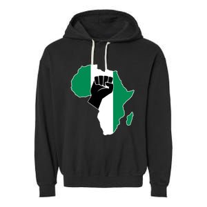 Love Nigeria With Nigerian Flag In Africa Map Raised Fist Garment-Dyed Fleece Hoodie