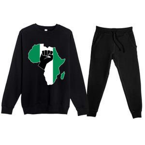 Love Nigeria With Nigerian Flag In Africa Map Raised Fist Premium Crewneck Sweatsuit Set