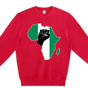 Love Nigeria With Nigerian Flag In Africa Map Raised Fist Premium Crewneck Sweatshirt