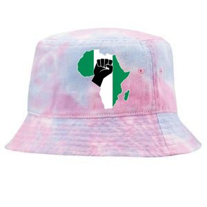 Love Nigeria With Nigerian Flag In Africa Map Raised Fist Tie-Dyed Bucket Hat