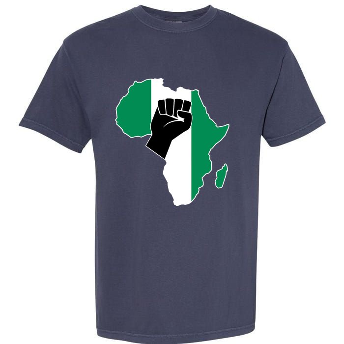 Love Nigeria With Nigerian Flag In Africa Map Raised Fist Garment-Dyed Heavyweight T-Shirt