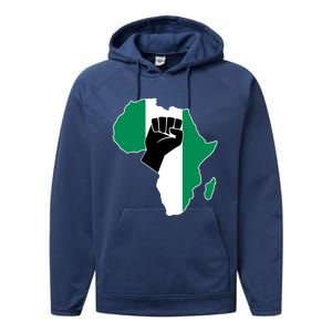 Love Nigeria With Nigerian Flag In Africa Map Raised Fist Performance Fleece Hoodie