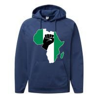 Love Nigeria With Nigerian Flag In Africa Map Raised Fist Performance Fleece Hoodie