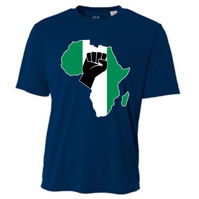 Love Nigeria With Nigerian Flag In Africa Map Raised Fist Cooling Performance Crew T-Shirt