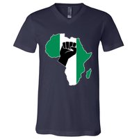 Love Nigeria With Nigerian Flag In Africa Map Raised Fist V-Neck T-Shirt