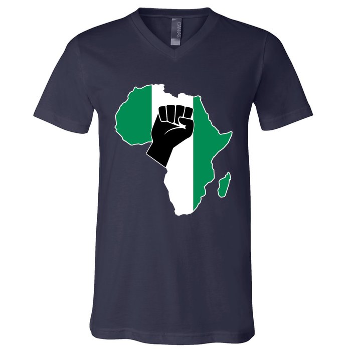 Love Nigeria With Nigerian Flag In Africa Map Raised Fist V-Neck T-Shirt