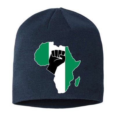 Love Nigeria With Nigerian Flag In Africa Map Raised Fist Sustainable Beanie